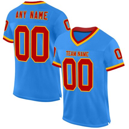 Personalized Electric Blue Red Gold Throwback Football Jersey for Men Personalized Electric Blue Red-Gold Mesh Throwback