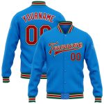 Personalized Varsity Letterman Jacket in Electric Blue and Red-Kelly Green Bomber Style Full-Snap Design Personalized Electric