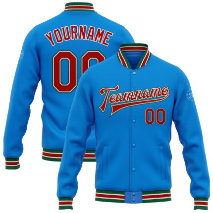Personalized Varsity Letterman Jacket in Electric Blue and Red-Kelly Green Bomber Style Full-Snap Design Personalized Electric