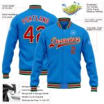 Personalized Varsity Letterman Jacket in Electric Blue and Red-Kelly Green Bomber Style Full-Snap Design Personalized Electric