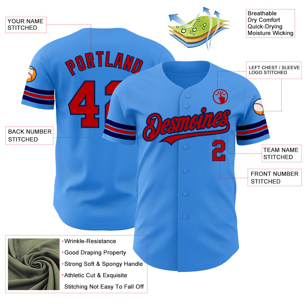 Personalized Electric Blue Red Navy Baseball Jersey for Men - Customizable Sports Apparel Personalized Electric Blue Red-Navy - Image 3