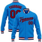 Electric Blue Red-Navy Personalized Varsity Letterman Bomber Jacket Full-Snap Personalized Electric Blue Red-Navy Bomber