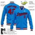 Electric Blue Red-Navy Personalized Varsity Letterman Bomber Jacket Full-Snap Personalized Electric Blue Red-Navy Bomber