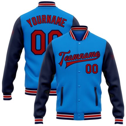 Personalized Varsity Letterman Bomber Jacket Electric Blue Red-Navy Two Tone Full-Snap Personalized Electric Blue Red-Navy