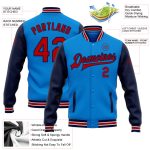 Personalized Varsity Letterman Bomber Jacket Electric Blue Red-Navy Two Tone Full-Snap Personalized Electric Blue Red-Navy
