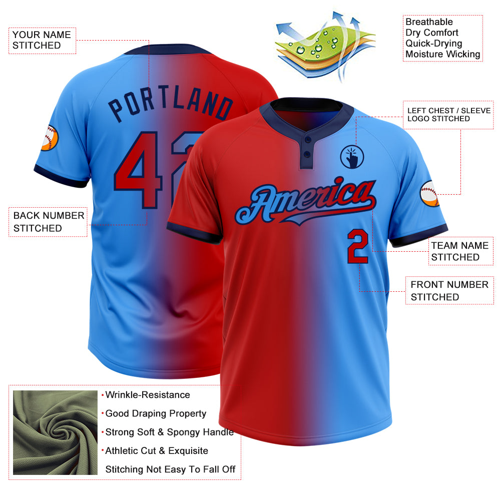 Personalized Electric Blue Red-Navy Gradient Softball Jersey Unisex Two-Button Fashion Personalized Electric Blue Red-Navy - Image 3