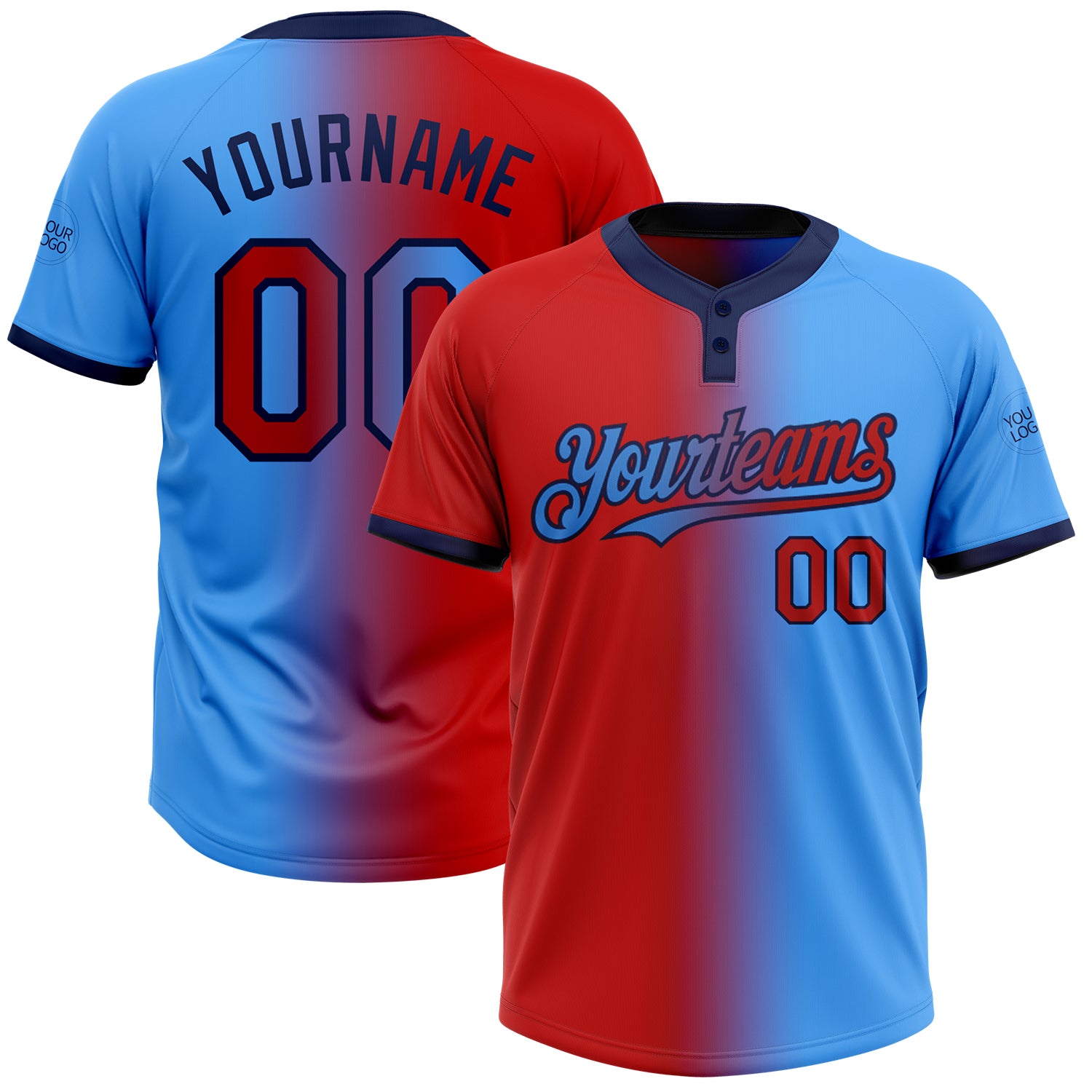 Custom Name and Number Unisex Softball Jersey in Electric Blue Red-Navy Gradient - Personalized Two-Button Fashion Attire