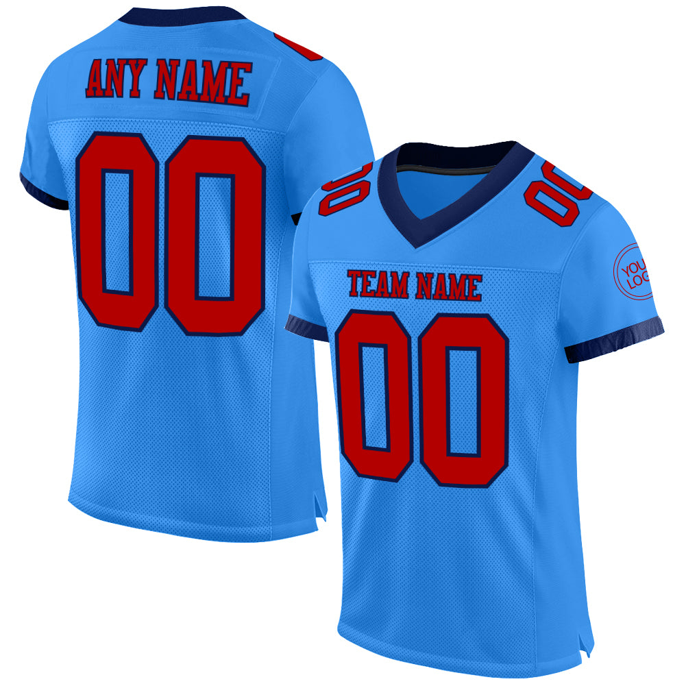 Customizable Electric Blue Red-Navy Mesh Football Jersey with Name and Number - Authentic Team Apparel Personalized Electric