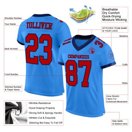 Personalized Electric Blue Red-Navy Football Jersey - Custom Mesh Athletic Apparel Personalized Electric Blue Red-Navy Mesh