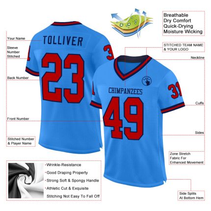 Personalized Electric Blue Red Navy Mesh Football Jersey - Throwback Style Personalized Electric Blue Red-Navy Mesh Throwback