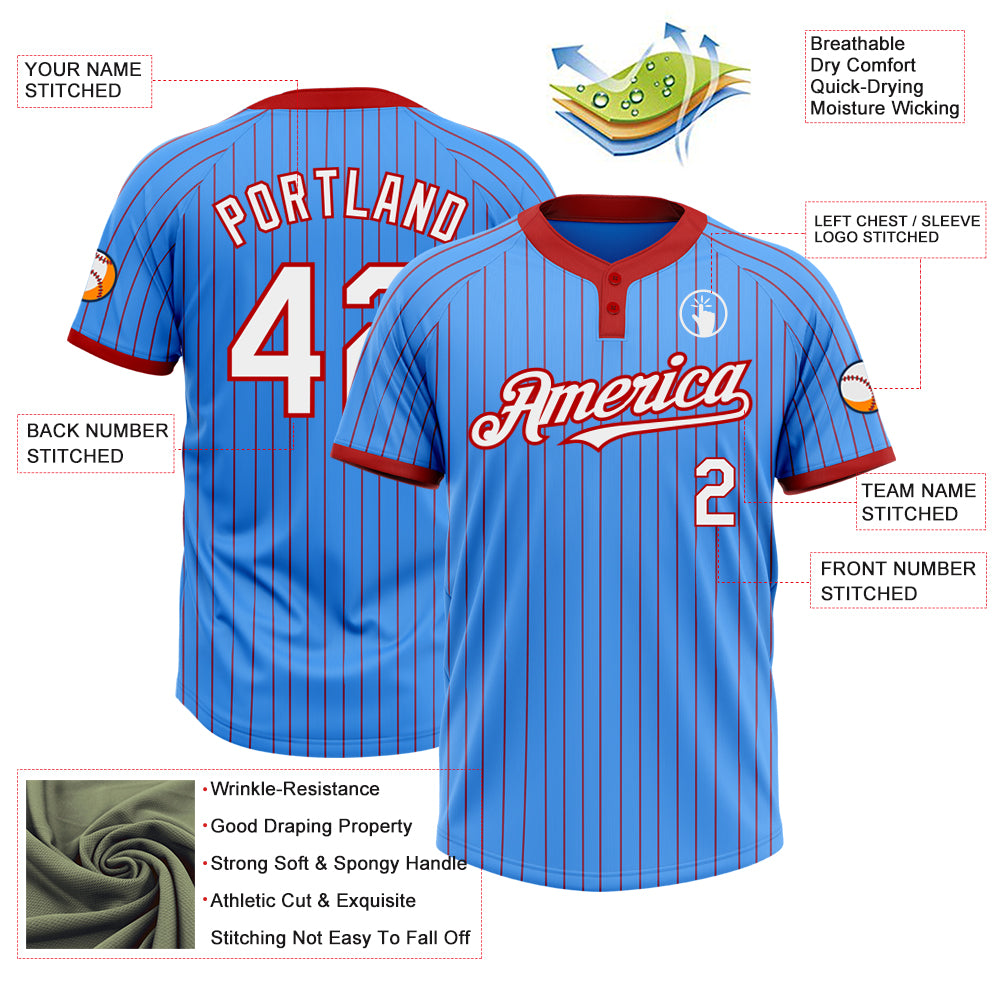 Personalized Electric Blue Red Pinstripe White Two-Button Unisex Softball Jersey Team Custom Name and Number Custom Name and Number Electric Blue Red Pinstripe Softball Jersey Unisex Two-Button Design Personalized Electric Blue Red - Image 3
