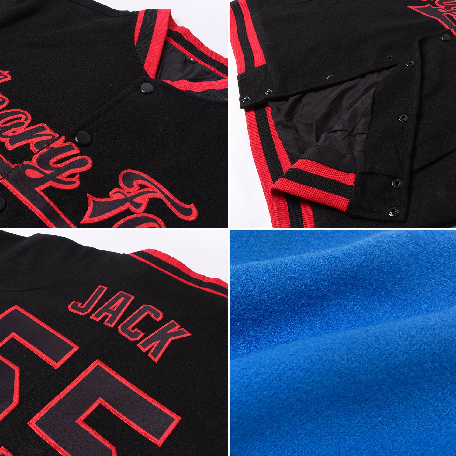 Personalized Electric Blue Red Varsity Letterman Bomber Jacket - Full-Snap Design Personalized Electric Blue Red-Royal Bomber - Image 4