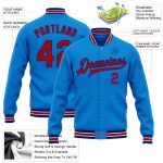 Custom Personalized Bomber Jacket with Electric Blue and Red-Royal Colors, Full-Snap Varsity Letterman Style, Team Name & Number