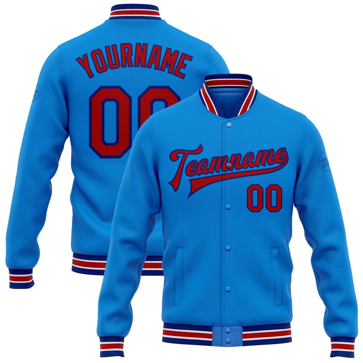 Custom Personalized Bomber Jacket with Electric Blue and Red-Royal Colors, Full-Snap Varsity Letterman Style, Team Name & Number