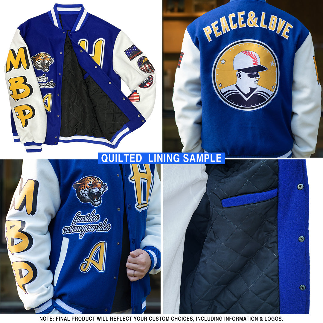 Personalized Electric Blue Red Varsity Letterman Bomber Jacket - Full-Snap Design Personalized Electric Blue Red-Royal Bomber - Image 3
