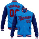 Electric Blue Red-Royal Two Tone Personalized Varsity Letterman Bomber Full-Snap Jacket Personalized Electric Blue Red-Royal