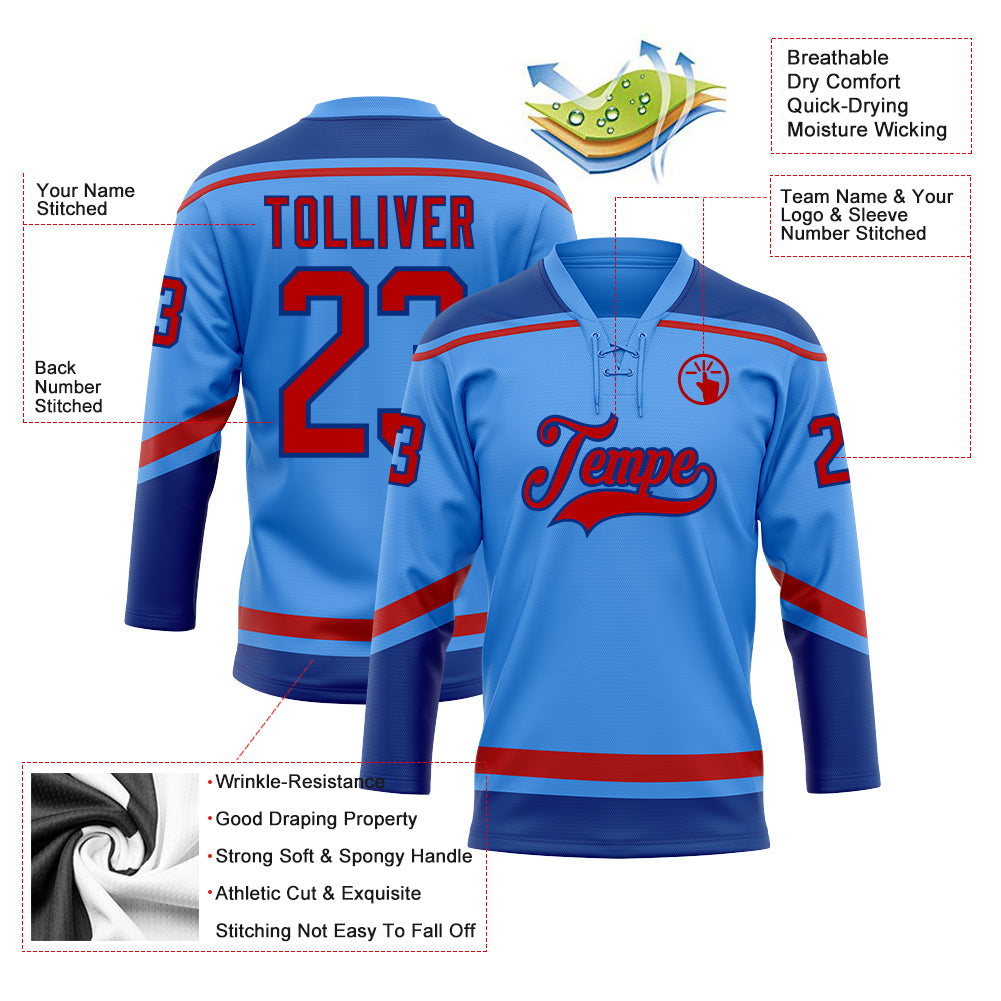 Personalized Electric Blue Red-Royal Hockey Jersey with Lace Neck Design Personalized Electric Blue Red-Royal Hockey Lace - Image 3