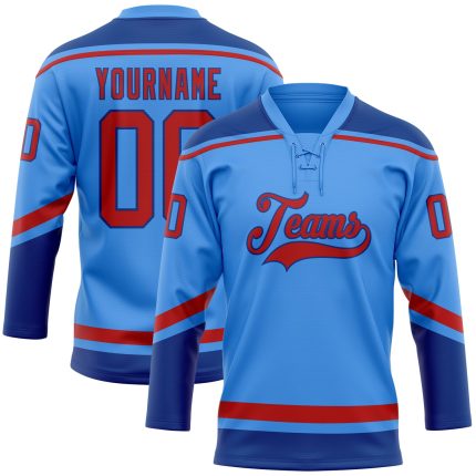Custom Electric Blue Red-Royal Hockey Jersey with Personalized Name and Number - Lace Neck Team Apparel Personalized Electric