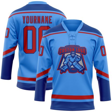 Custom Electric Blue Red-Royal Hockey Jersey with Personalized Name and Number - Lace Neck Team Apparel Personalized Electric
