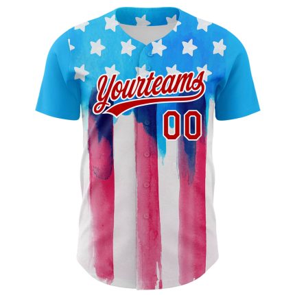 Custom American Flag Baseball Jersey - Personalized Electric Blue Red-White 3D Design with Name & Number Personalized Electric