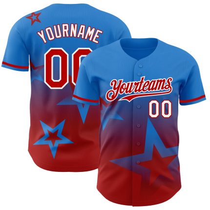 Custom Name & Number Electric Blue Red-White 3D Twinkle Star Baseball Jersey - Personalized Gradient Design Team Apparel