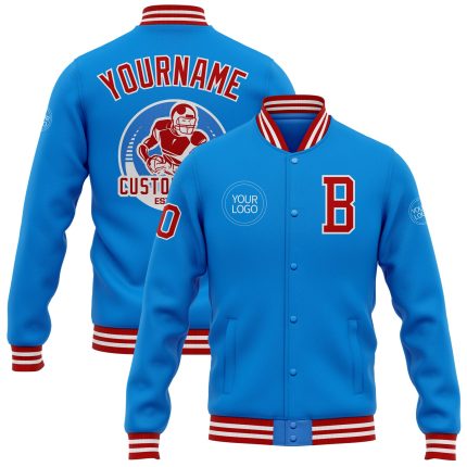 Custom Electric Blue Red White Varsity Letterman Bomber Jacket - Full-Snap Design Personalized Electric Blue Red-White Bomber