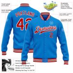 Custom Electric Blue Red-White Varsity Letterman Jacket with Personalized Name and Number - Full-Snap Bomber Style Personalized