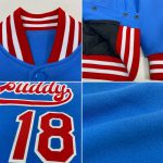 Custom Electric Blue Red-White Varsity Letterman Jacket with Personalized Name and Number - Full-Snap Bomber Style Personalized