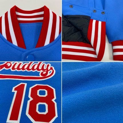 Custom Electric Blue Red-White Varsity Letterman Jacket with Personalized Name and Number - Full-Snap Bomber Style Personalized