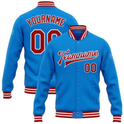 Custom Electric Blue Red-White Varsity Letterman Jacket with Personalized Name and Number - Full-Snap Bomber Style Personalized