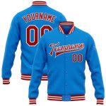 Personalized Electric Blue Red White Varsity Letterman Bomber Jacket Full-Snap Personalized Electric Blue Red-White Bomber