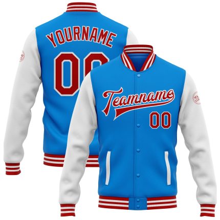 Electric Blue Red-White Two Tone Varsity Letterman Bomber Jacket Personalized Full-Snap Personalized Electric Blue Red-White