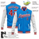 Custom Team Name Number Bomber Jacket Electric Blue Red-White Two Tone Full-Snap Varsity Letterman Jacket Personalized Electric