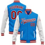 Custom Team Name Number Bomber Jacket Electric Blue Red-White Two Tone Full-Snap Varsity Letterman Jacket Personalized Electric