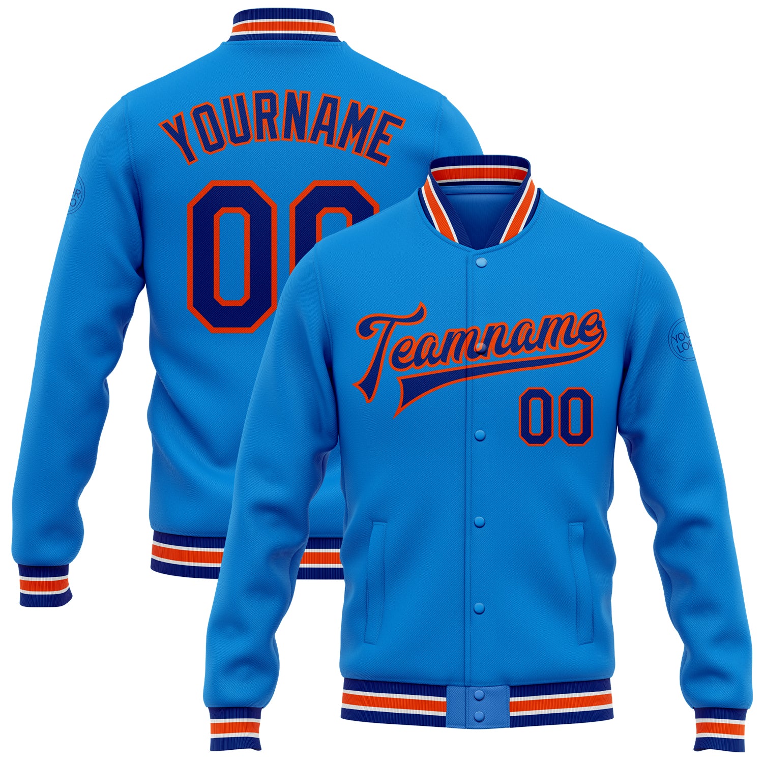 Custom Varsity Letterman Jacket with Personalized Name & Number - Electric Blue Royal-Orange Bomber Full-Snap Design Personalized