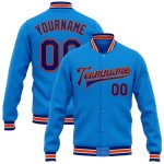 Electric Blue Royal-Orange Personalized Bomber Jacket Full-Snap Varsity Letterman Personalized Electric Blue Royal-Orange