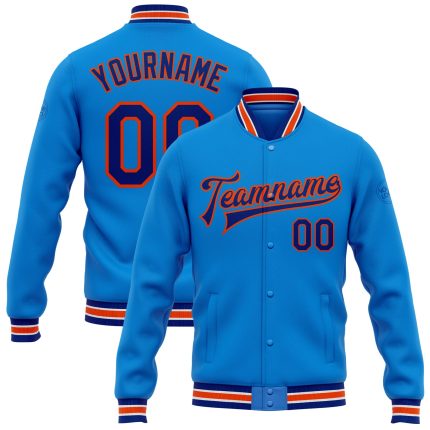 Electric Blue Royal-Orange Personalized Bomber Jacket Full-Snap Varsity Letterman Personalized Electric Blue Royal-Orange