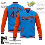Personalized Electric Blue Royal-Orange Varsity Letterman Bomber Jacket Full-Snap Two Tone Personalized Electric Blue Royal-Orange