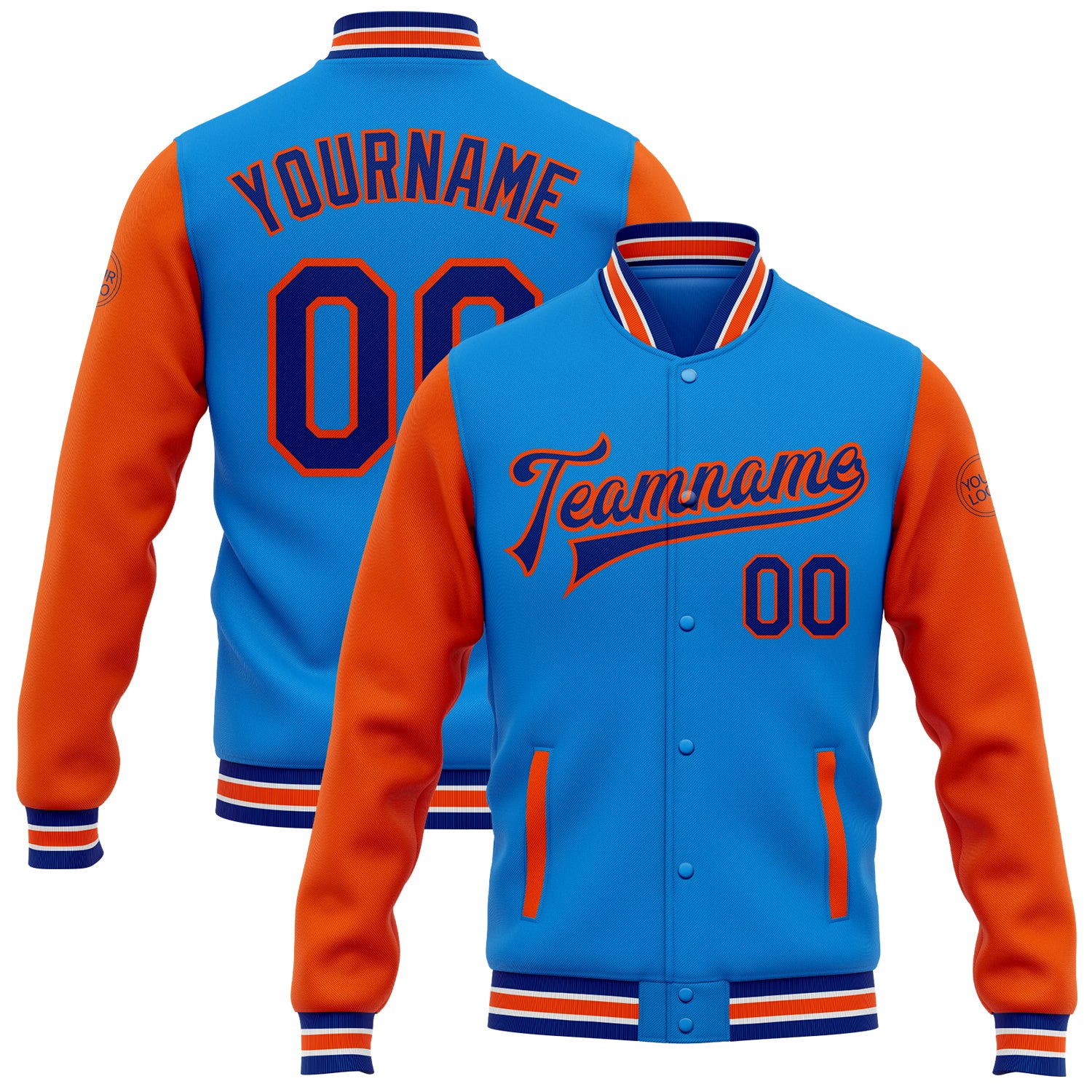 Custom Personalized Royal Blue and Orange Varsity Letterman Bomber Jacket with Name and Number - Full-Snap Two Tone Design