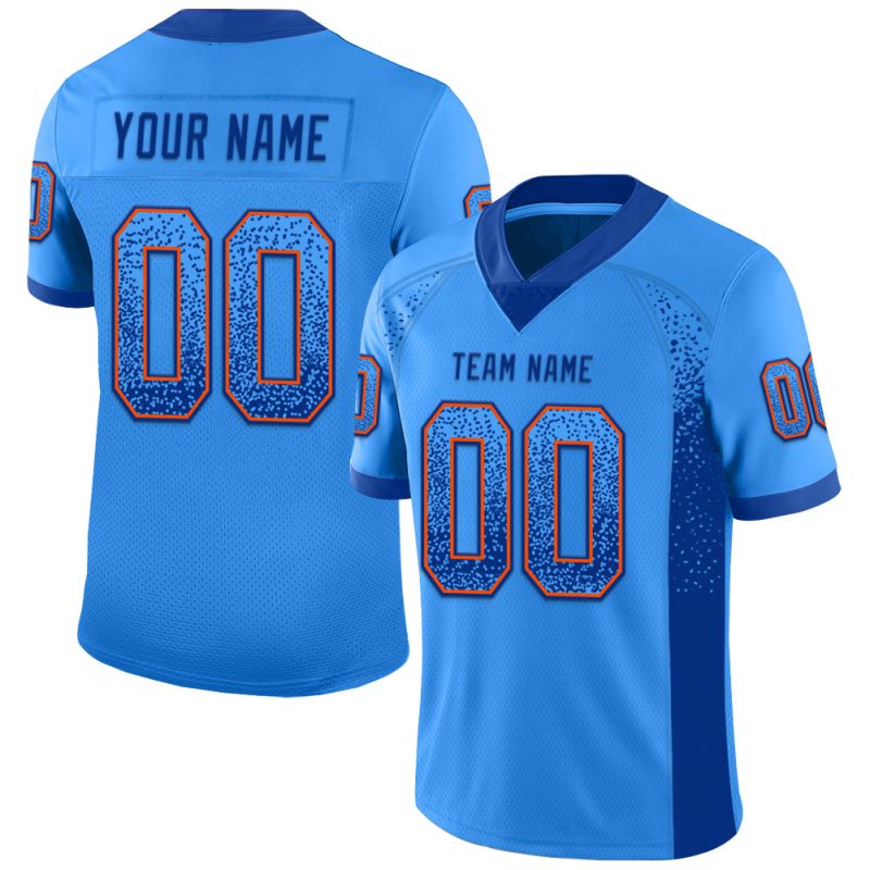 Custom Electric Blue Orange Drift Fashion Football Jersey with Personalized Name and Number Personalized Electric Blue Royal-Orange