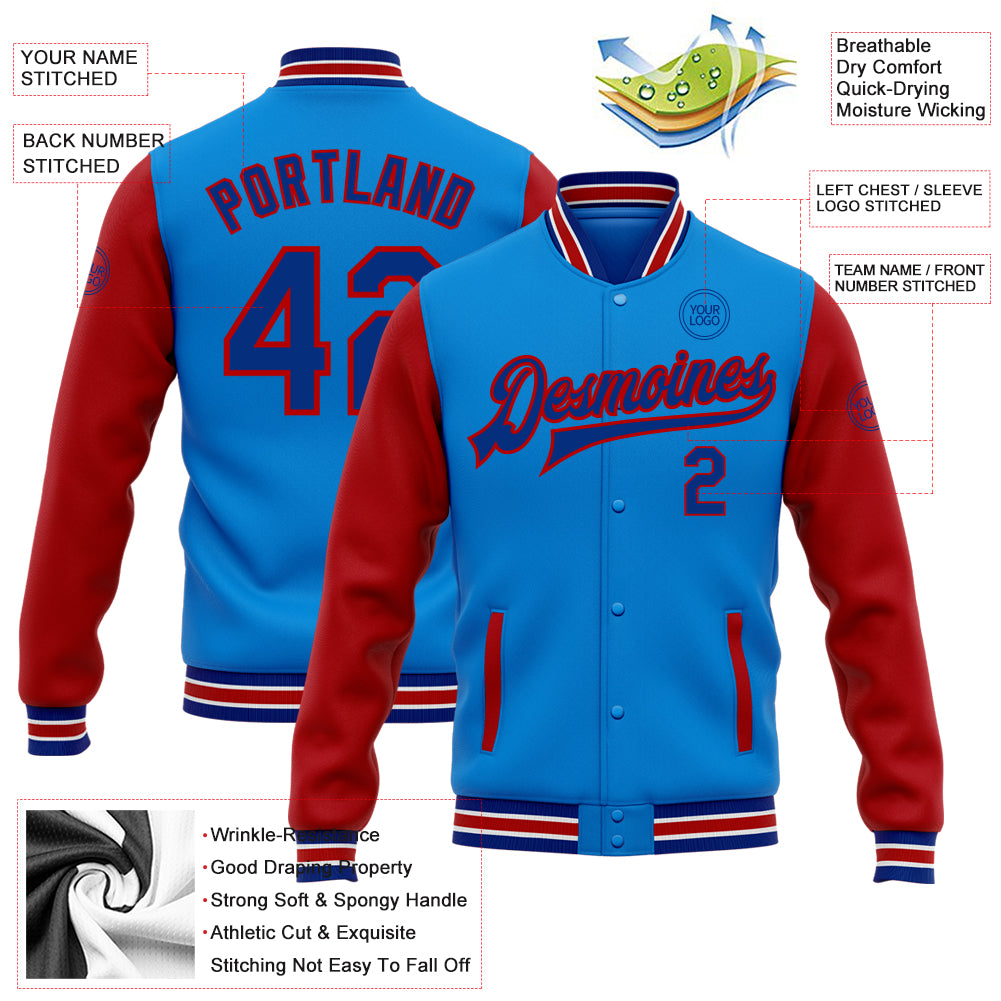 Electric Blue Royal-Red Two Tone Letterman Varsity Bomber Jacket - Personalized Full-Snap Style Personalized Electric Blue - Image 5