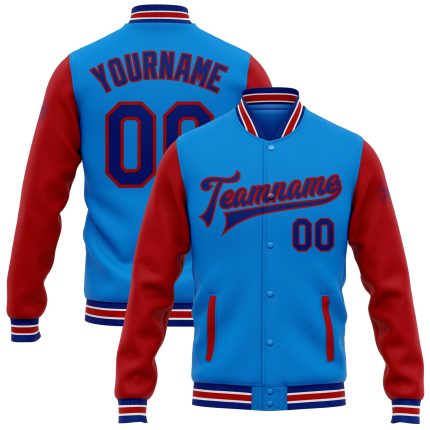 Electric Blue Royal-Red Two Tone Letterman Varsity Bomber Jacket - Personalized Full-Snap Style Personalized Electric Blue