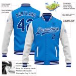 Electric Blue Royal-White Varsity Letterman Bomber Jacket, Personalized Full-Snap Two Tone Design Personalized Electric Blue