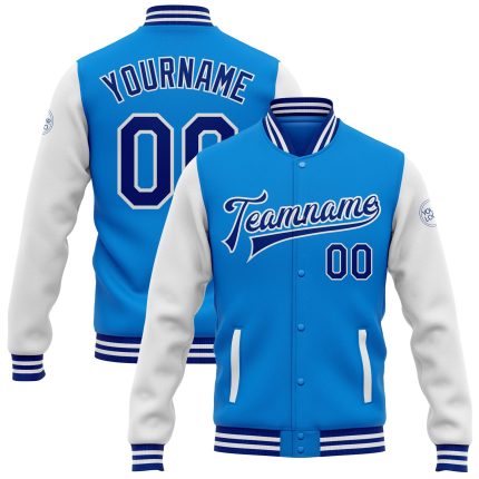 Electric Blue Royal-White Varsity Letterman Bomber Jacket, Personalized Full-Snap Two Tone Design Personalized Electric Blue