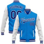 Custom Two Tone Varsity Letterman Jacket - Personalized Electric Blue Royal-White Full-Snap Bomber with Name and Number Personalized