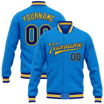 Electric Blue Royal Yellow Varsity Bomber Jacket Personalized Full-Snap Letterman Personalized Electric Blue Royal-Yellow