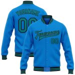 Custom Electric Blue Teal-Black Varsity Letterman Jacket with Name and Number, Full-Snap Bomber Style Personalized Electric