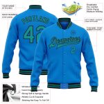 Custom Electric Blue Teal Black Bomber Varsity Jacket Full-Snap Letterman Personalized Electric Blue Teal-Black Bomber Full-Snap