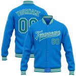 Personalized Electric Blue Teal White Varsity Letterman Bomber Jacket Full-Snap Personalized Electric Blue Teal-White Bomber