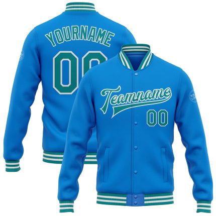 Personalized Electric Blue Teal White Varsity Letterman Bomber Jacket Full-Snap Personalized Electric Blue Teal-White Bomber